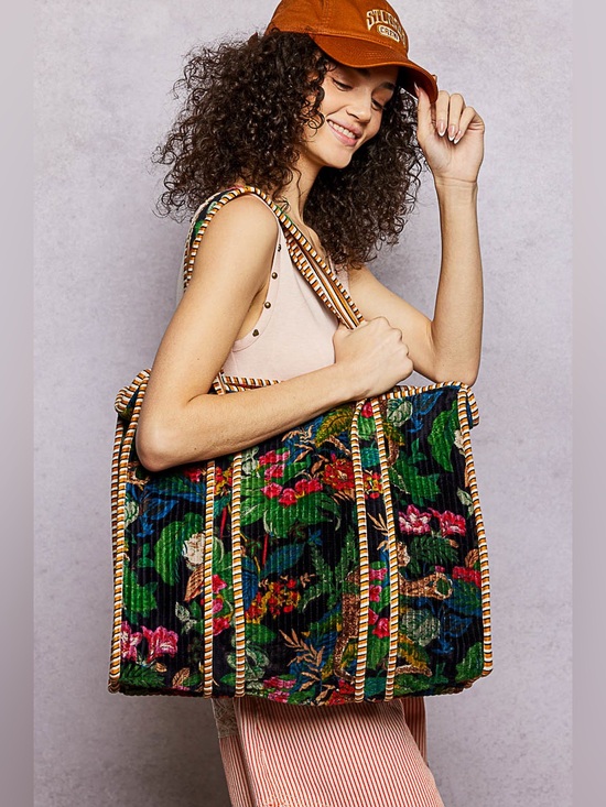 POL Handbags - POL Multicolor Floral Velvet Tote with Striped Rope Trim